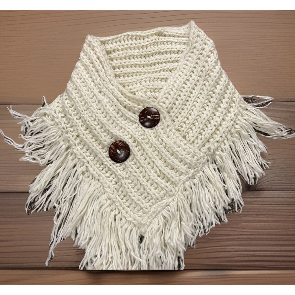 Boho Chunky Cable Knit Poncho Ivory Fringe Tassel Wrap Sweater Cozy Cottagecore